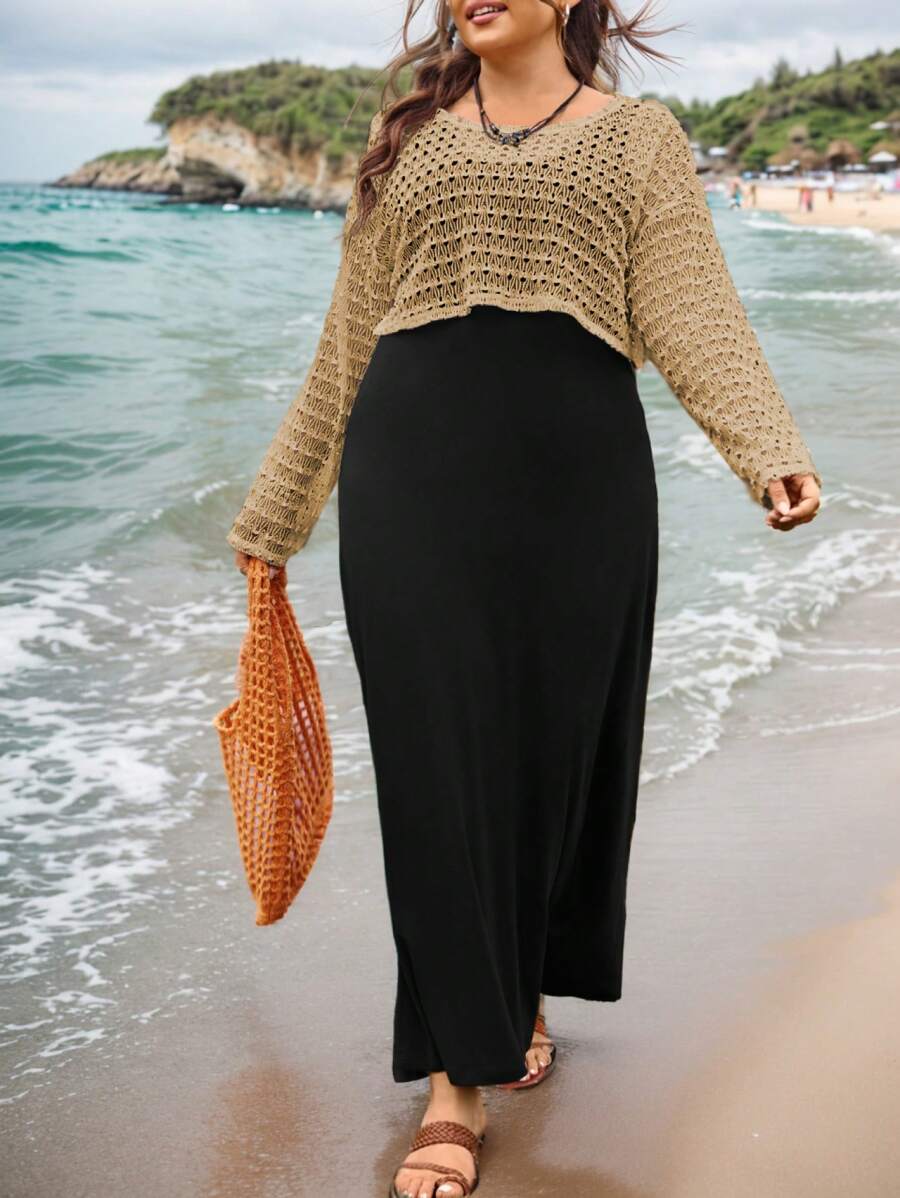 SHEIN Essnce Plus Size Women's Summer Leisure Vacation Country Concert Outfit Beach Sunscreen Two-Piece Set,Summer Two Piece Outfits,Summer Clothes,Summer Co Ord,Summer Women Clothes,Beach Women Dresses - Brown - View 1