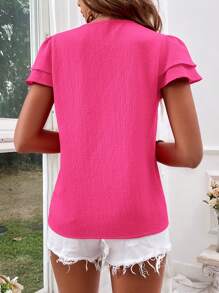 SHEIN VCAY 女士素色V領鈕扣短袖襯衫，適用於度假、夏季 - 玫紅色 - 查看 2