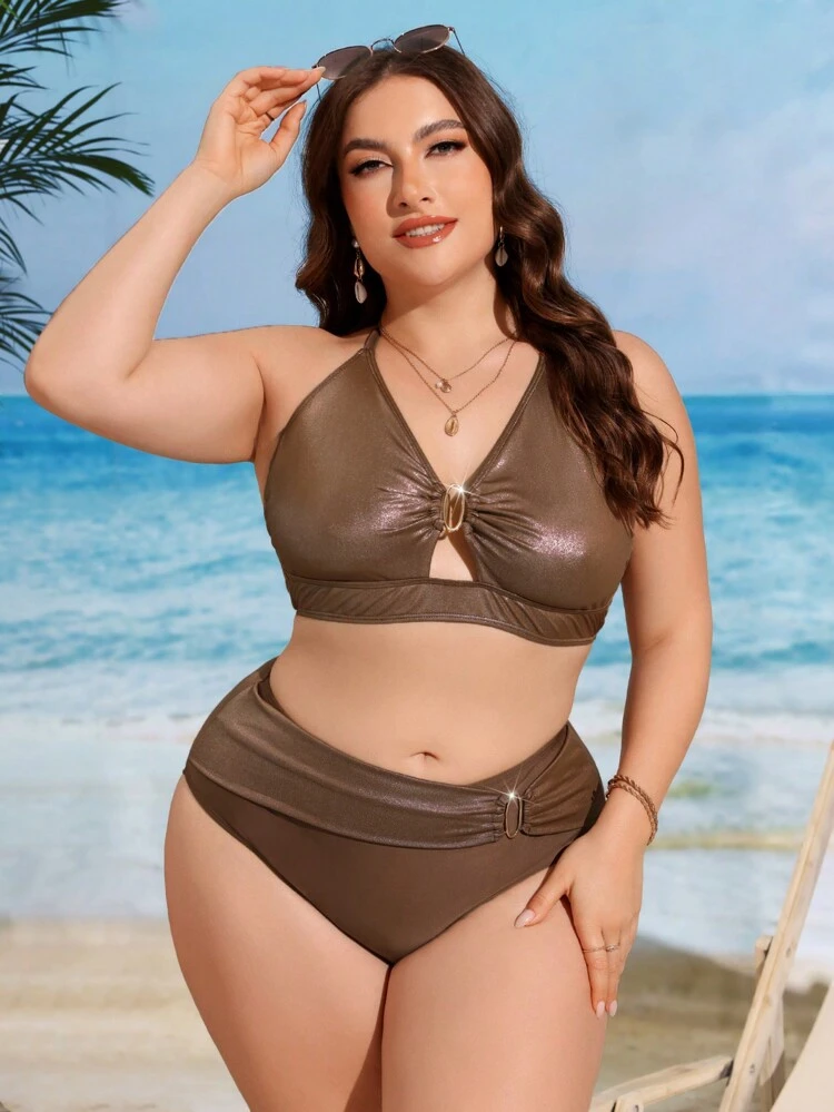 Women Plus Size Beach Vacation Solid Color Bikini Set With Metal Necktie Detailing And Halter Neck Strap,Summer Beach