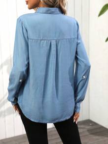 SHEIN LUNE 女士休闲长袖贴袋春夏衬衫、长袖上衣 - 淺色水洗藍 - 查看 2