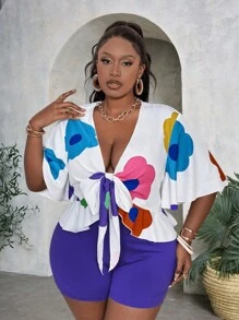 Slaydiva Plus Size Tropical Print Flounce Hem Cami Top With Tie Front Detail And Solid Color Shorts Vacation 2pcs/Set