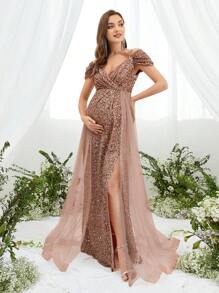 Pregnant Women Off-Shoulder Contrast Color Mesh Sequin Elegant Party Dress - Khaki - View 3