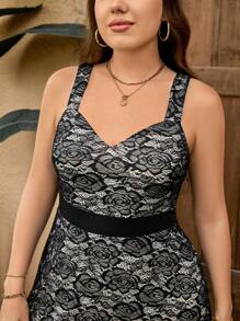 SHEIN Privé Summer Elegant And Fashionable Simple Lace Waist-Tied Long Loose Top Dress Plus Size - Black - View 3