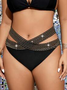SHEIN Swim Curve Bottom de bikini de diseño cruzado de moda para mujeres de talla grande - Negro - Ver 3