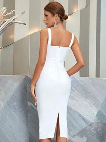 Elisanya Bustier-Kleid mit Reißverschluss hinten, Midi-Cami, Bodycon, Cocktail-Party, Bandage-Kleid, Weiß, elegantes Abschlussball-Kleid, halb formelles Hochzeitsgast-Kleid - Weiss - Übersicht 2