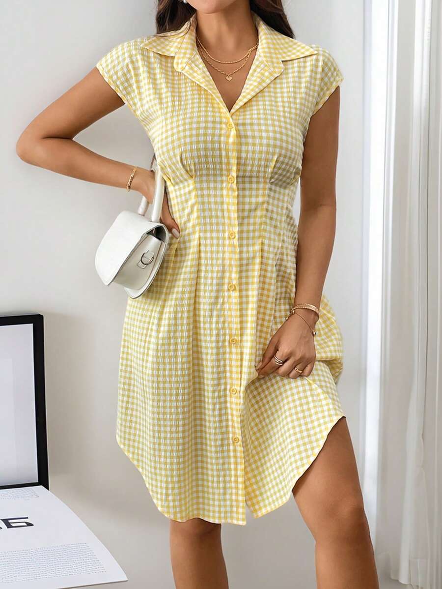 SHEIN Privé Robe chemise à carreaux jaunes pour femmes, décontractée et élégante avec ceinture, pour tous les jours, plage, rendez-vous ou pique-nique - Jaune citron - Voir 1