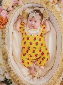 1pc Baby Girl Floral Pattern Lace Trimmed Cap Sleeve Romper With Ruffle Shorts, Summer - Multicolor - View 5