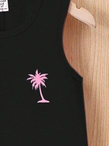 SHEIN Young Boy Coconut Tree Pattern Digital Print Tank Top And Shorts Set, Summer - Black - View 3