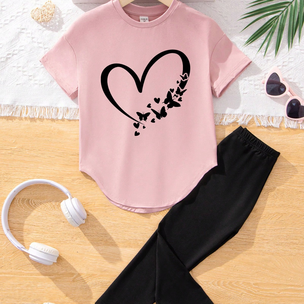 Conjunto de ropa informal para niña con patrón de corazones rosados de 2 piezas, camiseta de manga corta y pantalón largo, para verano