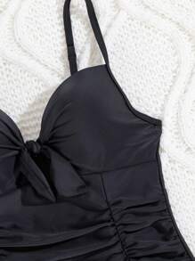 SHEIN Swim Women's Solid Color Ruched Tankini Set With Underwire Push Up Bra Cups Summer - Black - View 7