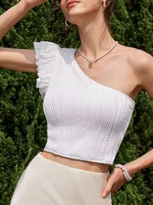GENKIRA Áo crop top nữ xếp ly cao cấp thời trang, tay nghề thủ công xếp nếp bất đối xứng, áo cánh bó sát đường cong - trắng - Xem 1