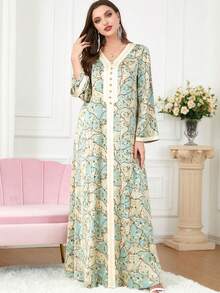 Fashionable Printed Beaded Arabian Women's Modest Long Sleeve Dress, Kaftan - Green - View 4