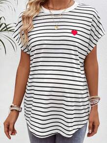 SHEIN Letnia koszulka ciążowa w paski, luźna, luźna koszulka z krótkim rękawem i okrągłym dekoltem w kształcie skrzydła nietoperza