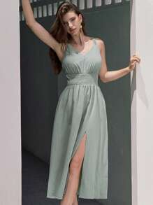 SHEIN Frenchy 女士夏季純棉實色高腰側開叉肩帶裙，100％棉沙灘長裙，長款沙灘裙，棉質女裝洋裝，夏季中長款洋裝，綠色洋裝 - 綠色 - 查看 5