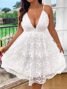 Sunnyshic Plus Size Solid Color Spaghetti Strap Dress With Romantic Embroidery For Summer - White - View 3