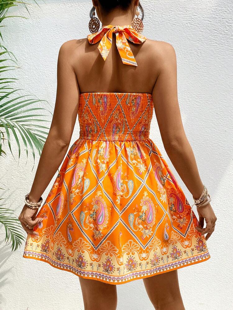 Vacation  Printed Backless Halter Neck Women Dress With Drawstring