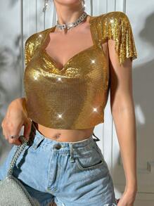 SHEIN Unity Áo crop top ngắn tay có họa tiết kim loại mùa hè dành cho nữ dành cho lễ hội âm nhạc - Vàng - Xem 3