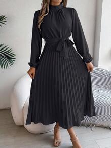 Vestido plisado de línea A con lazo para mujer, elegante y casual negro para primavera/verano - Negro - Ver 6