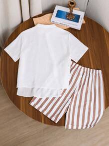 SHEIN Tween Boy Two-Piece Set Of Striped Short-Sleeved Shirt With Slanting Placket And Shorts