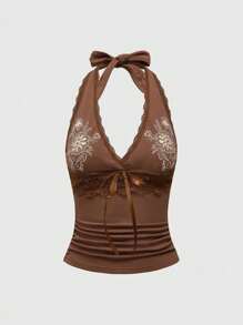 ROMWE Hippie 女式夏季花卉印花撞色蕾絲領口綁帶無袖上衣