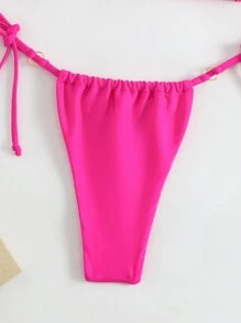 SHEIN Swim Ensemble bikini femme, de couleur unie avec col ras-du-cou et bas en string, parfait pour des vacances à la plage