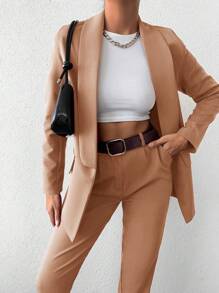 EURMUSE Conjunto De Chaqueta Y Pantalón De Traje Cruzado Con Solapa De Muesca - Marrón - Ver 5