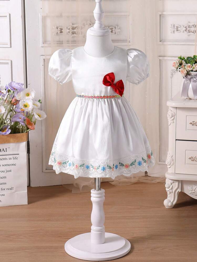 Baby Girl White Round-Necked Organza Patchwork Dress With Bow-Knot Decoration, Flower Embroidery And Tulle Dress