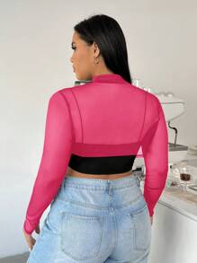 SHEIN EZwear 情人节，针织网眼加大码女式立领透明长袖短款上衣