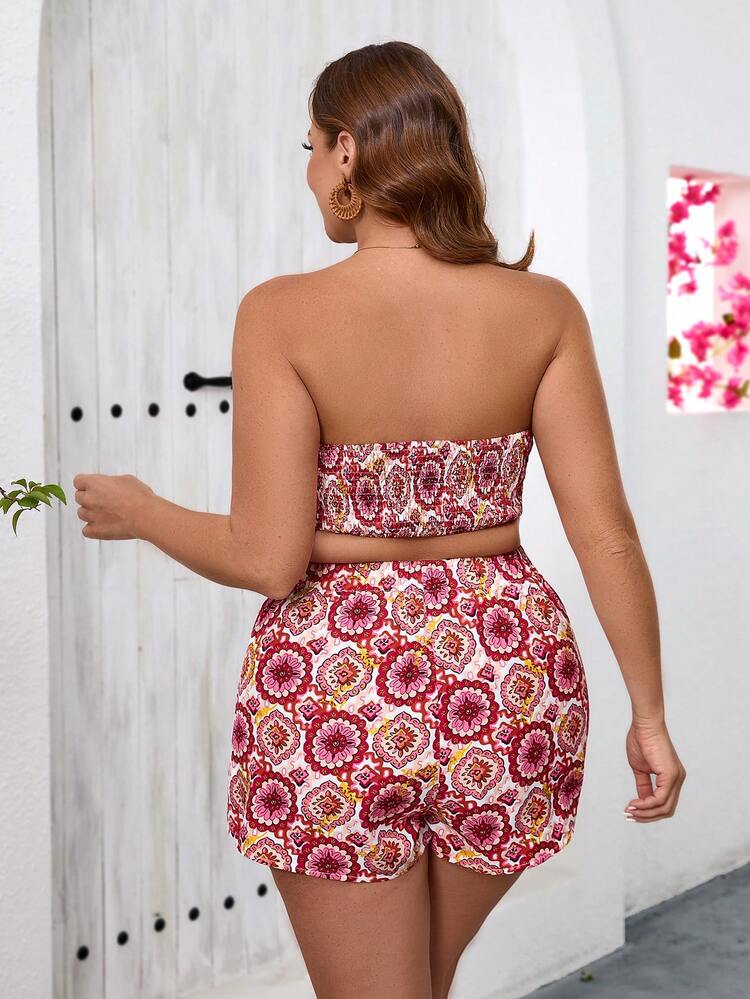 Plus Size Beach Summer Music Festival 2pcs/Set Women's Pink  Print Bandeau Top And Shorts With Tied Straps