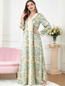 Fashionable Printed Beaded Arabian Women's Modest Long Sleeve Dress, Kaftan - Green - View 5