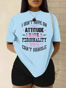 SHEIN 女式夏季短袖休闲T恤，带标语印花，我没有态度，我有个性化的你无法处理图案T恤女式上衣 - 淺藍色 - 查看 1