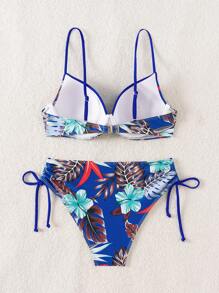 SHEIN Swim Bộ Bikini Đi Biển Kỳ Nghỉ Nữ Nhiệt Đới In Hình Cây Nhiệt Đới Gợi Cảm, Underwire Cup (Họa Tiết Hoa Ngẫu Nhiên) - Màu xanh lam - Xem 2