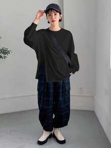 FRIFUL Áo thun nữ tay dài cổ tròn trễ vai màu trơn, dáng rộng, thường ngày, thời trang thu/đông xuân/hè, quần áo - màu đen - Xem 5