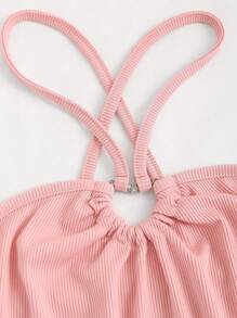 SHEIN Unity Women's Summer Solid Color Halter Bodysuit - Pink - View 5