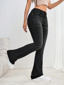 SHEIN Tall Pantalones vaqueros acampanados casuales para mujer con parches, agujeros rasgados y dobladillo deshilachado - Negro - Ver 1