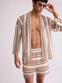 Forever 21 Men's Crochet Striped Kimono And Short Two-Piece Set - Blue and White - View 3