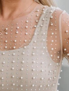 Top de malla transparente corto con mangas y perlas brillantes y piedrería para cubrir la camisa de la parte superior - Albaricoque - Ver 4