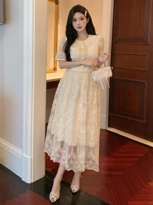 DAZY 春夏女士优雅派对蕾丝随意剪裁连衣裙舞会礼服太阳裙 - 米色 - 查看 3