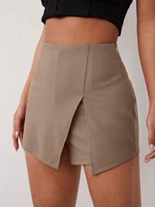 EURMUSE Solid Split Front Skort - Khaki - View 5
