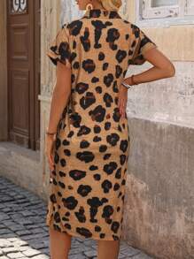 SHEIN LUNE Women's Summer Leopard Print Short Puff Sleeve Casual Long Dress
