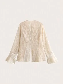 Textured Tie Dye Fabric Flare Sleeve V-Neck Top - Apricot - View 3