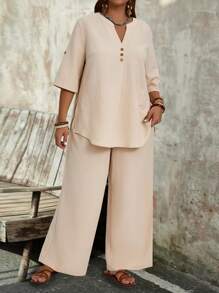 EMERY ROSE 大尺碼女裝時尚純色中袖上衣和長褲套裝 - 杏色 - 查看 4