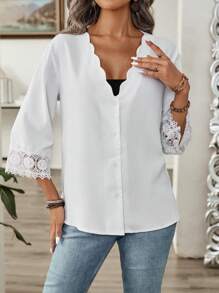 SHEIN LUNE 蕾絲邊波浪領口分裂式下擺休閒女士夏季衫 - 白色 - 查看 4