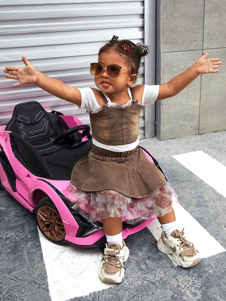 3pcs Baby Girls' Summer Denim Tank Top, Short Sleeve T-Shirt, And Skirt Matching Set