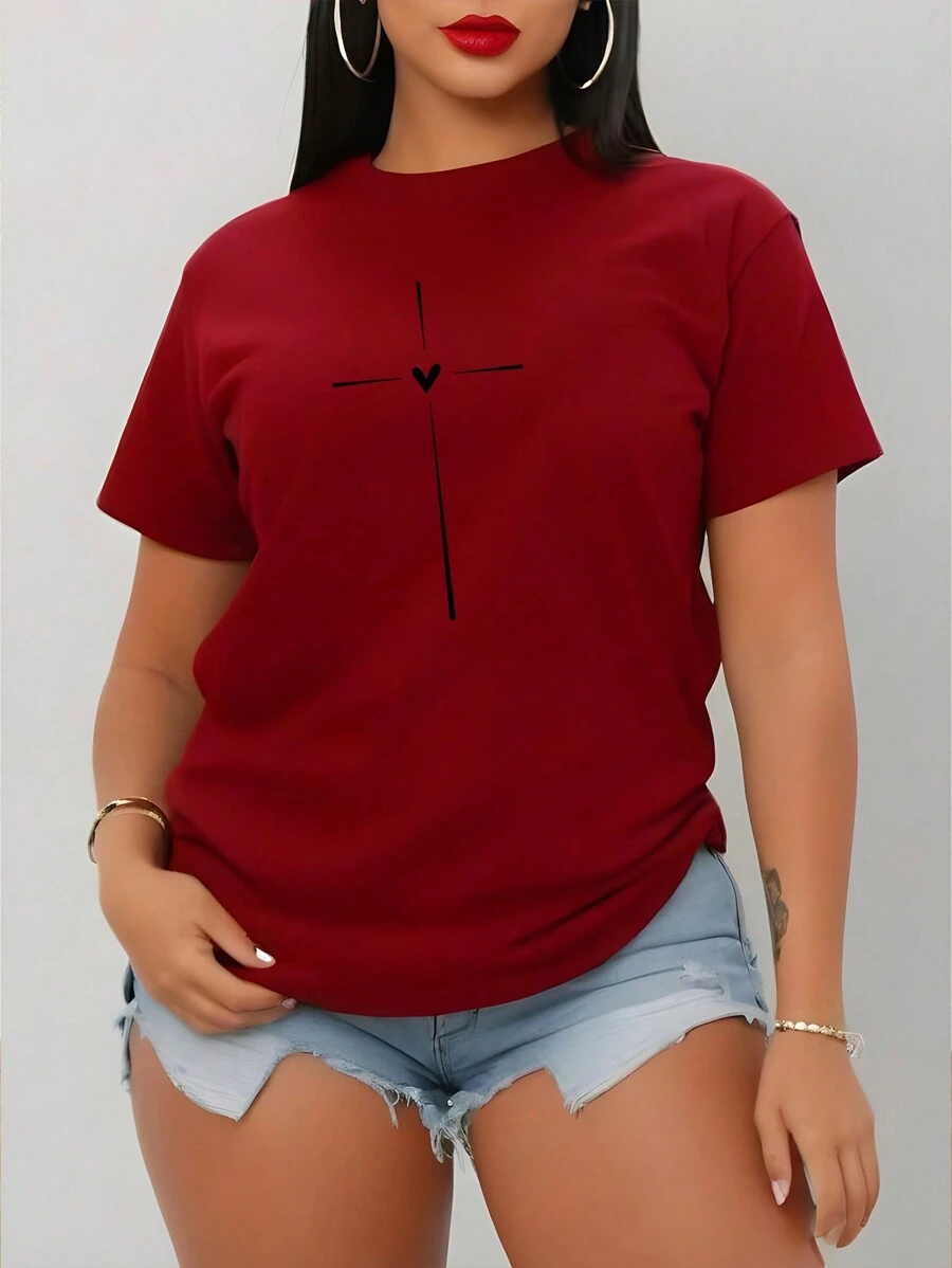 BamGleam Áo thun nữ tay ngắn ôm vừa vặn họa tiết chữ thập cho trang phục năm mới - Đỏ - Xem 1