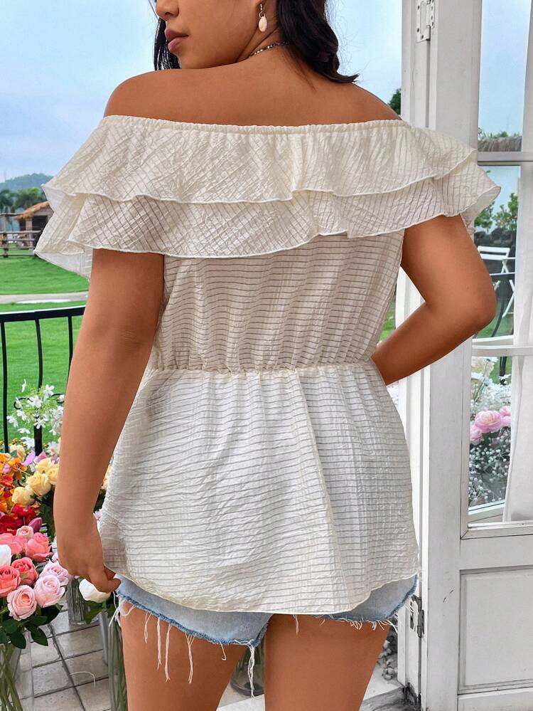 Plus Size Summer Holiday Solid Textured Shirt With Ruffled Waist