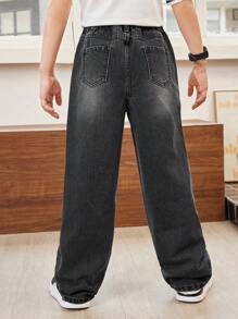 SHEIN Tween Boy Retro Basic Loose Straight Leg Jeans, College Style Casual Pants Summer Holiday - Grey - View 2