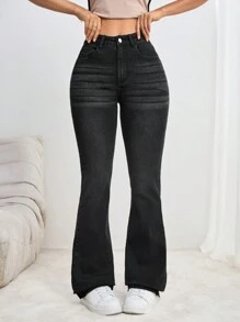 SHEIN Tall Pantalones vaqueros acampanados casuales para mujer con parches, agujeros rasgados y dobladillo deshilachado - Negro - Ver 5