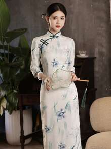 Women's Floral Print Stand Collar Button Front 3/4 Sleeve Fitted Elegant Qipao Dress, Summer - Lime Green - View 3