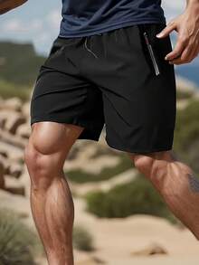 男士运动短裤，速干透气冰丝休闲弹力百慕大短裤，宽松版型夏季健身训练短裤 - 黑色 - 查看 4